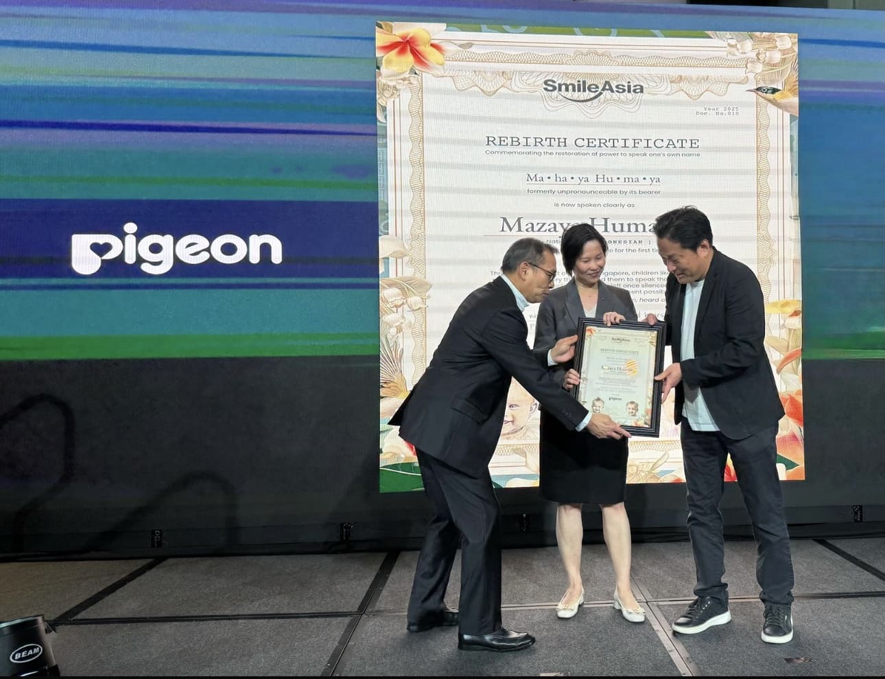 Token of appreciation on the ongoing efforts by Smile Asia to Pigeon Singapore