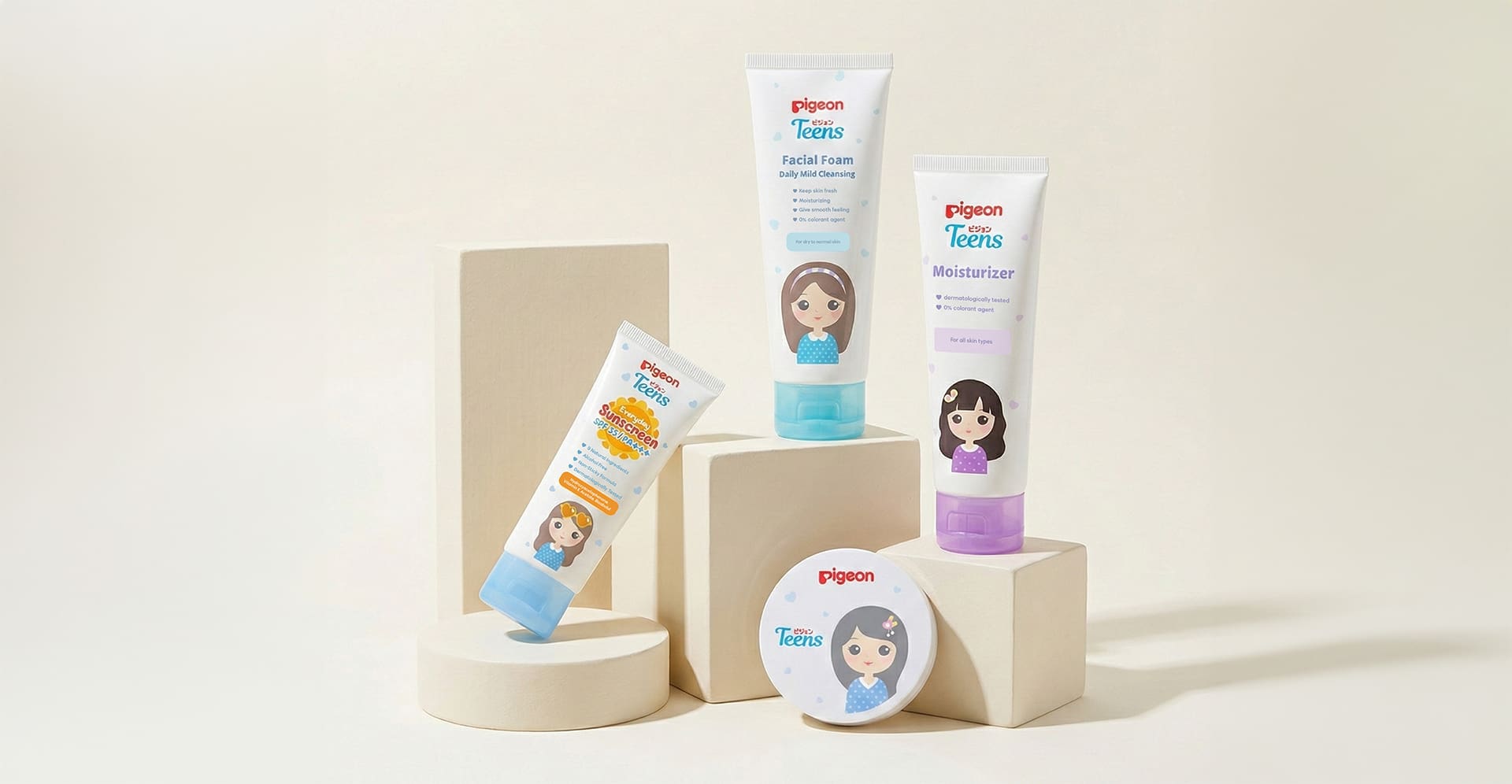 Pigeon Teens' Daily Mild Cleansing, Moisturizer, Sunscreen & Compact Powder