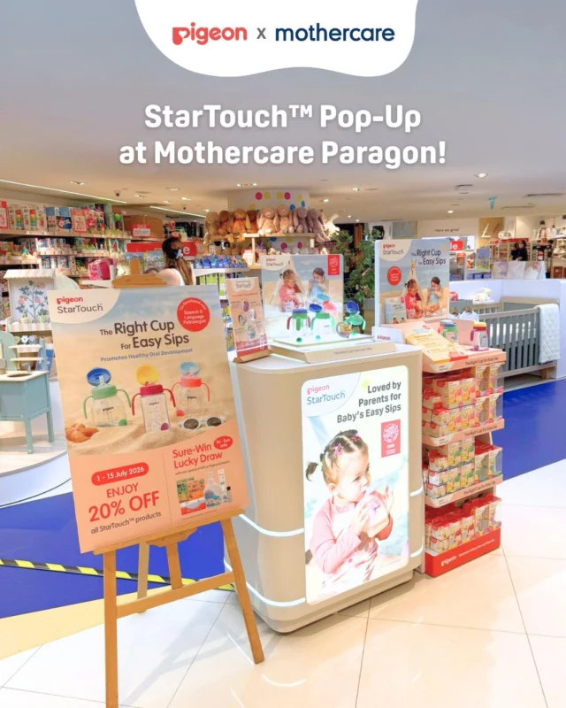 ✨ Big news, parents! Our award-winning Pigeon StarTouch™ range is now at @mothercaresg Paragon for an exclusive pop-up!

Voted Product of the Year 2026 by mummies and daddies in Singapore, our StarTouch™ Straw Cups are thoughtfully co-developed with a Speech & Language Pathologist to support your little one's healthy oral development. We know how important every milestone is and we're here to make transitions to easy sipping a breeze.

Here are some special treats lined up for you from today to 15 July 2026:
🌟 Enjoy 20% OFF all StarTouch™ products.
🎁 Sure-Win Lucky Draw (Fri – Sun only): Receive a guaranteed prize with a minimum spend of $35 on Pigeon products. (while stocks last.)

Come down to Mothercare Paragon to try it out 💕

#pigeonsingapore #CelebrateBabiesTheWayTheyAre #PigeonStarTouch #MothercareSG #SGParents #SGMummy